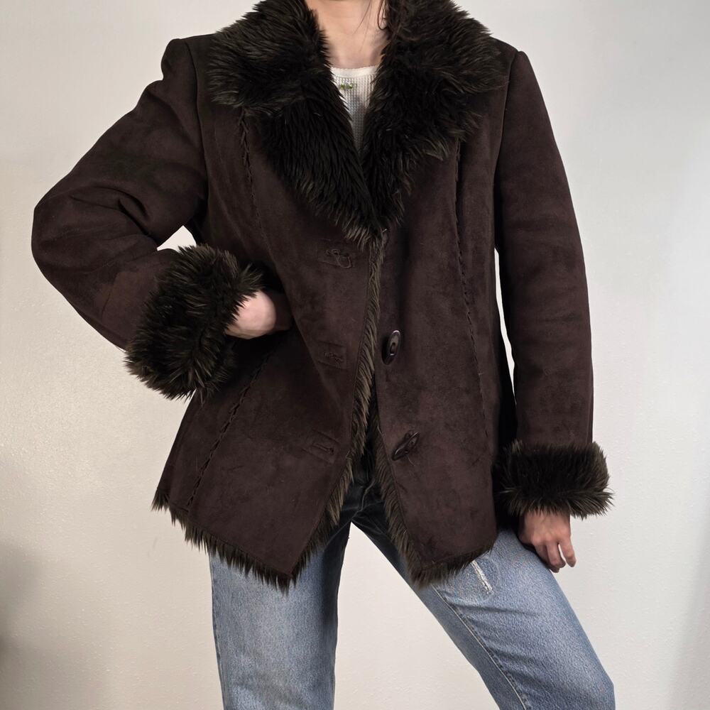 Y2K ESPRIT Brown Penny Lane Coat XL Shaggy Collar Whipstitch Boho Faux Fur